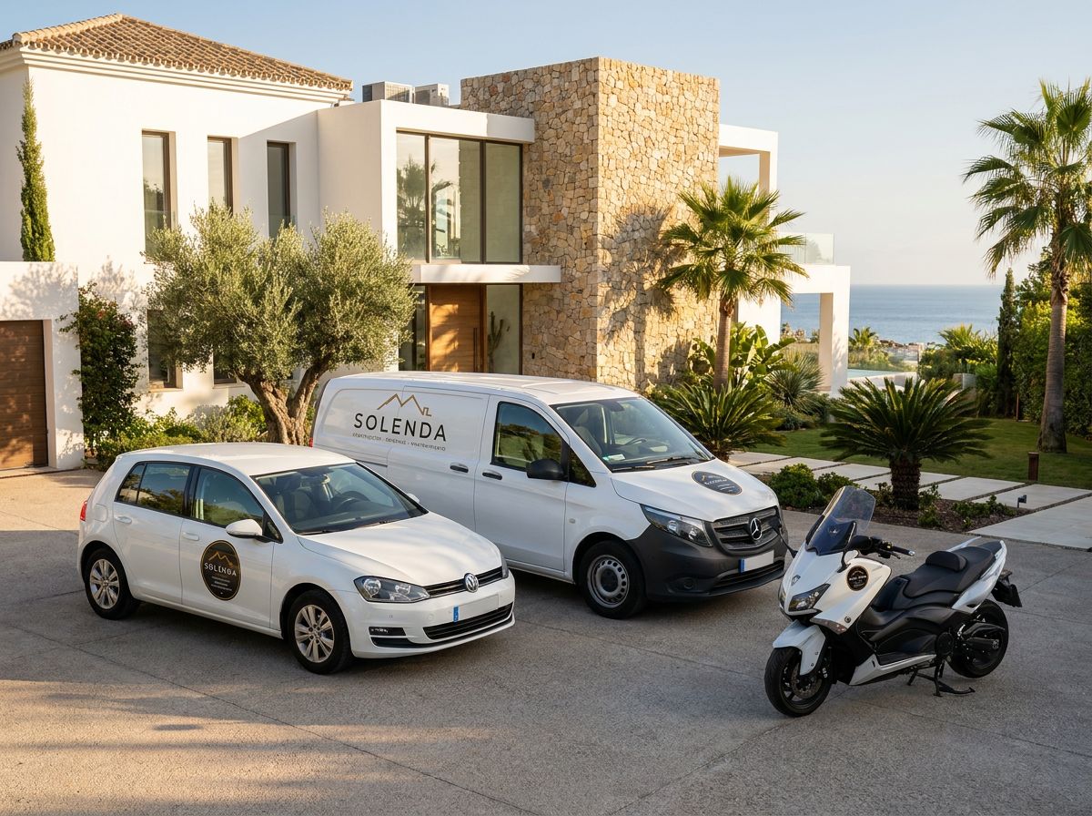 Furgoneta, coche y scooter de trabajo rotulados con la marca SOLENDA, aparcados frente a una vivienda.