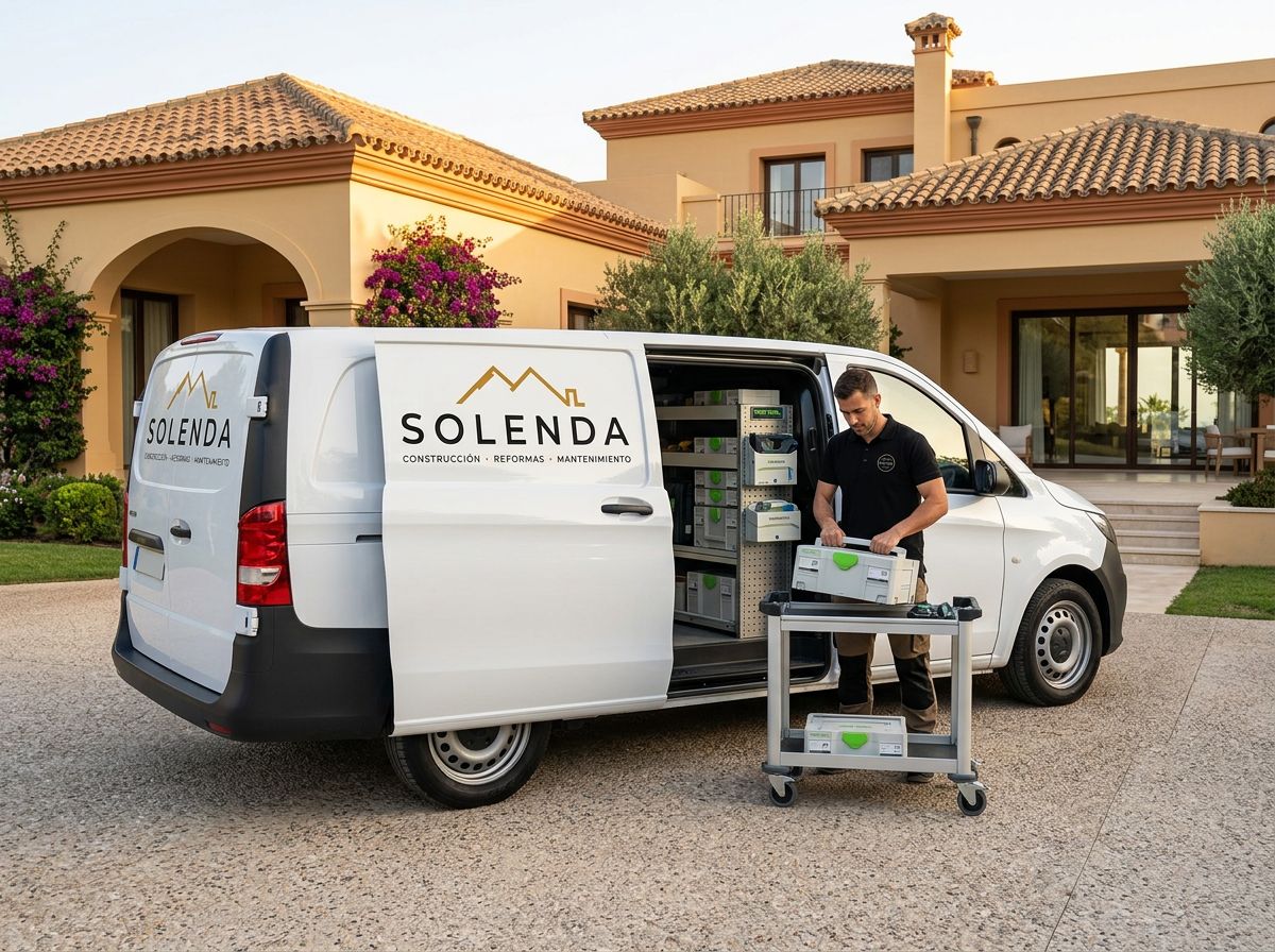 Furgoneta blanca rotulada con la marca SOLENDA, con la puerta lateral abierta y el material organizado en cajas.