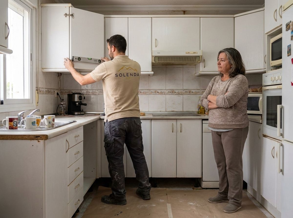 Nivelación de un mueble alto de cocina durante una reforma.