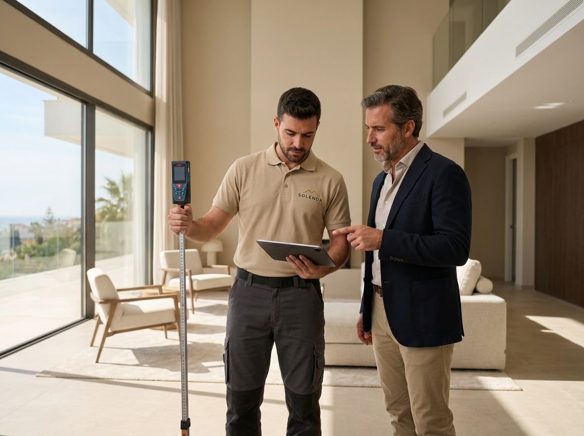 Toma de medidas con medidor láser en el interior de una vivienda.