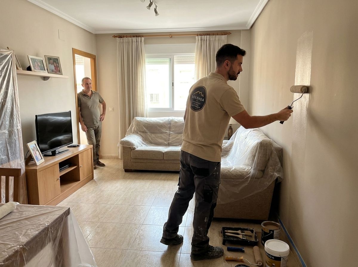 Pintura de una pared en un salón amueblado, con los muebles protegidos con plástico.