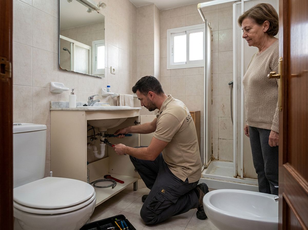 Reparación de la fontanería bajo el lavabo de un baño, con llave ajustable.
