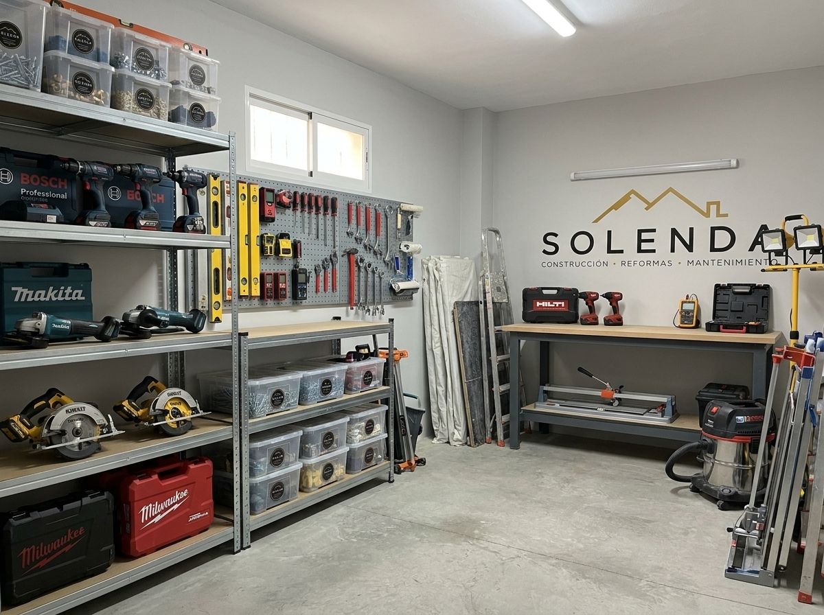 Taller con estanterías de herramientas eléctricas, cajas de material y banco de trabajo.
